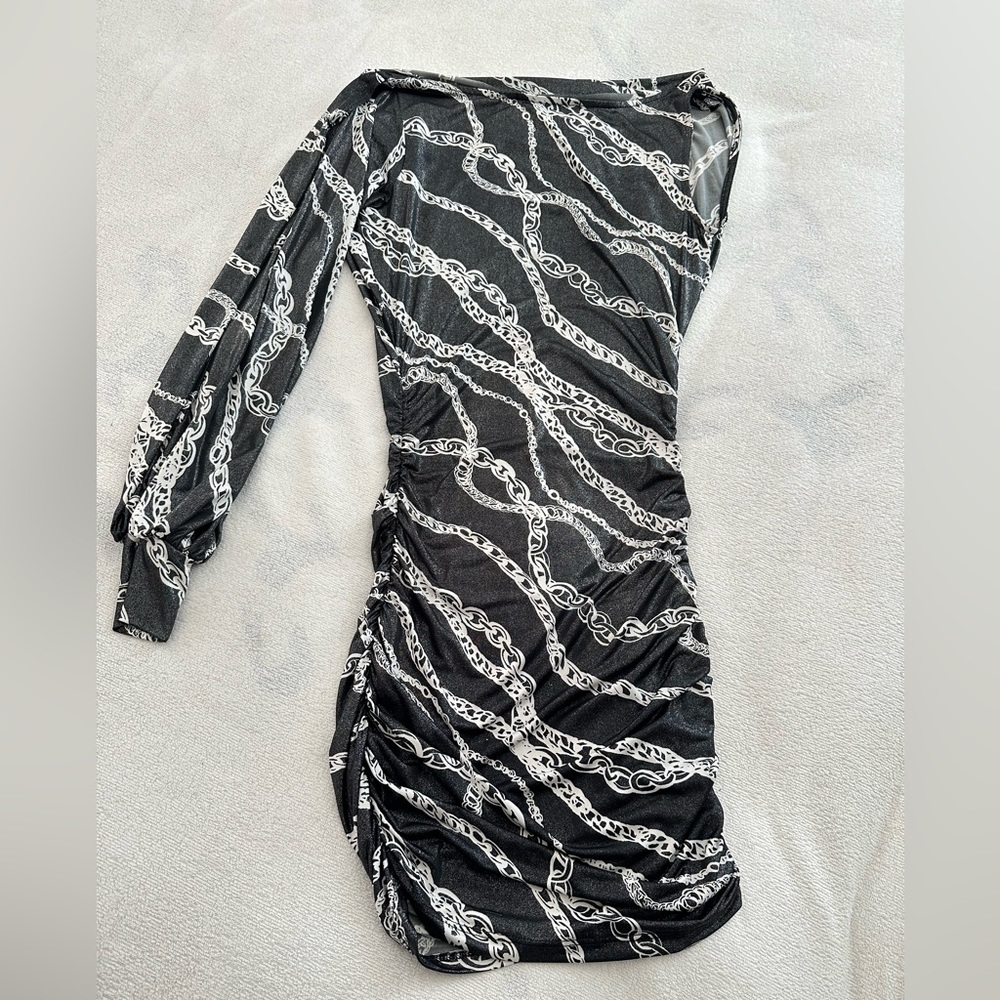 One shoulder black/silver chain mini dress